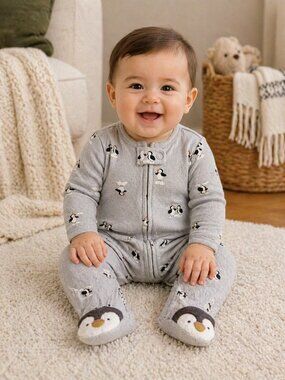 NWT Carter’s Baby Boy Sleeper Blue Gray Penguin Footed Pajamas 2 Way Zipper